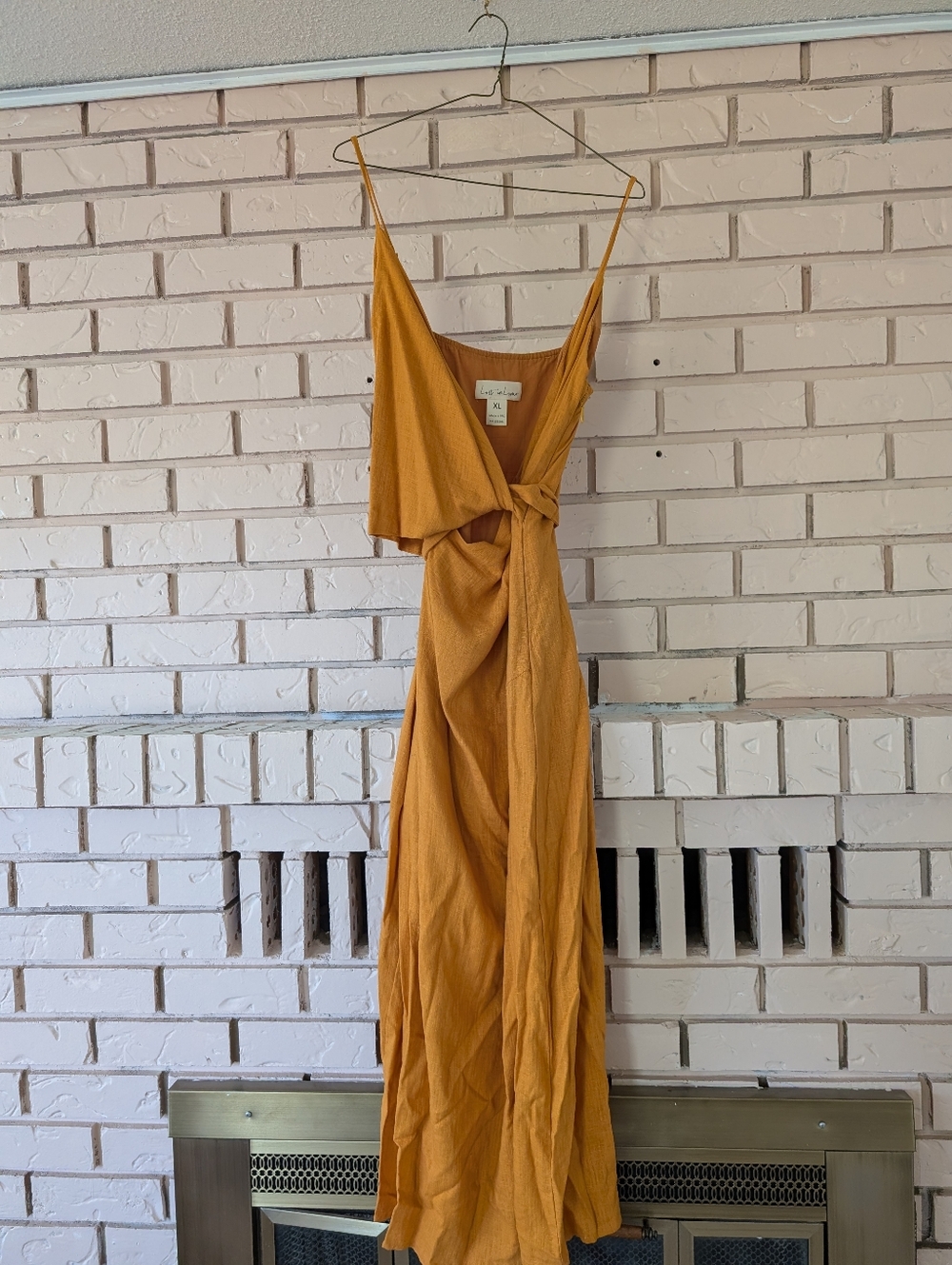 Lost in Lunar Turmeric Yellow XL Linen Tie-Front Spaghetti Strap Dress